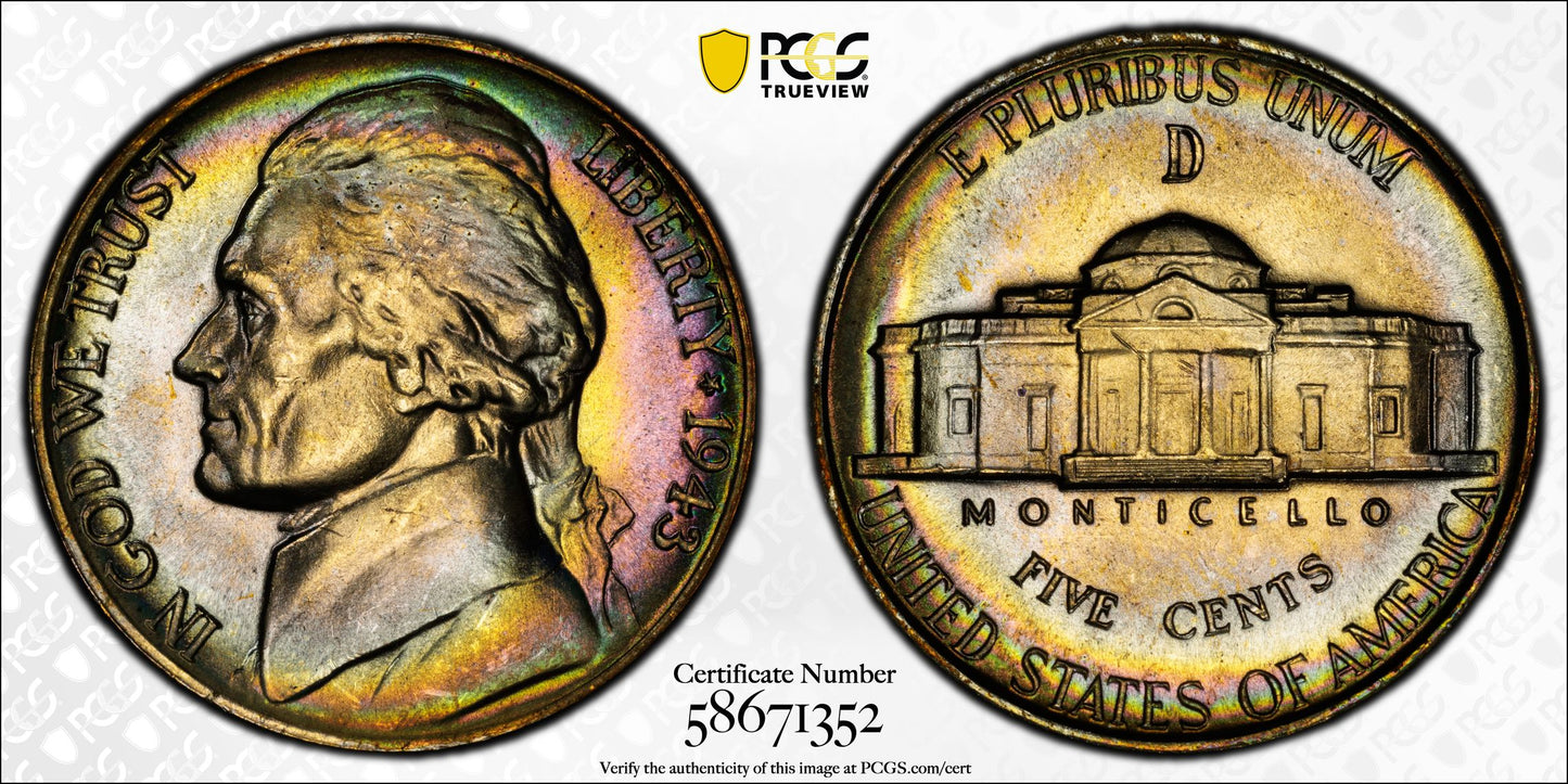 1943-D Jefferson Nickel 5C PCGS MS66+FS Full Steps - TONED!