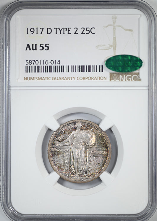 1917-D Type 2 Standing Liberty Quarter 25C NGC AU55 CAC - TONED!