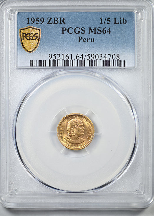 1959-ZBR Peru Gold 1/5 Libra PCGS MS64