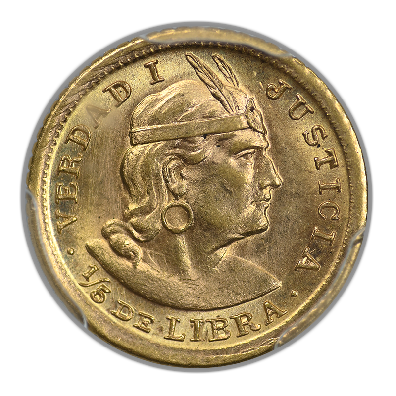 1959-ZBR Peru Gold 1/5 Libra PCGS MS64