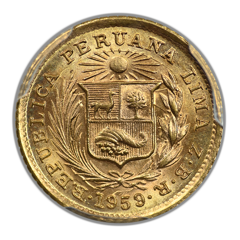 1959-ZBR Peru Gold 1/5 Libra PCGS MS64