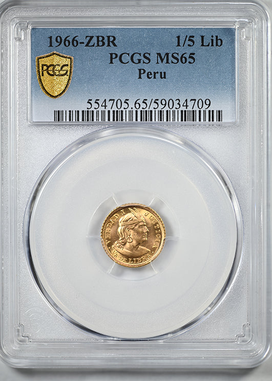 1966-ZBR Peru Gold 1/5 Libra PCGS MS65