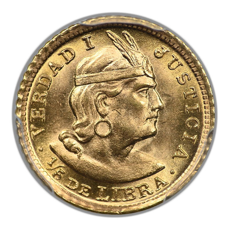 1966-ZBR Peru Gold 1/5 Libra PCGS MS65