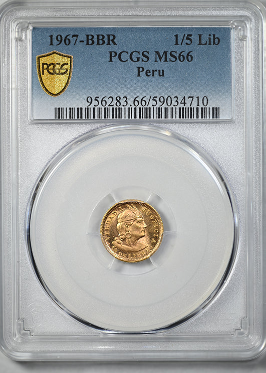 1967-BBR Peru Gold 1/5 Libra PCGS MS66