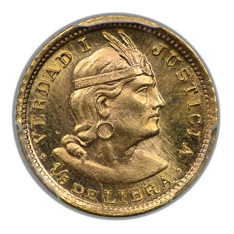 1967-BBR Peru Gold 1/5 Libra PCGS MS66
