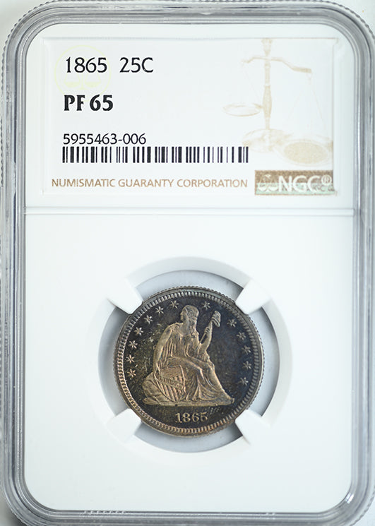 1865 Proof Liberty Seated Quarter 25C NGC PF65 Obverse Slab