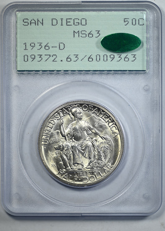 1936-D San Diego Classic Commemorative Half Dollar 50C PCGS Rattler MS63 CAC Obverse Slab