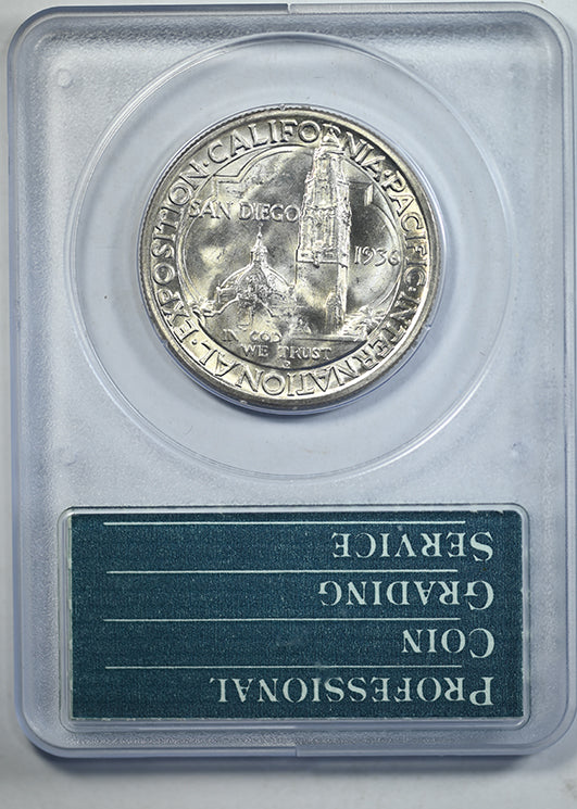 1936-D San Diego Classic Commemorative Half Dollar 50C PCGS Rattler MS63 CAC Reverse Slab