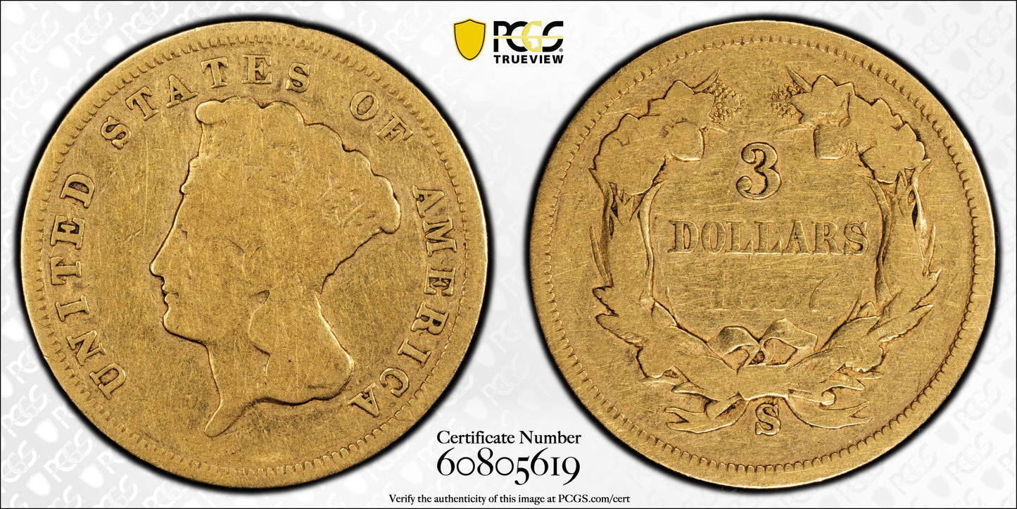 1857-S Indian Princess Gold Three Dollar Piece $3 PCGS G06