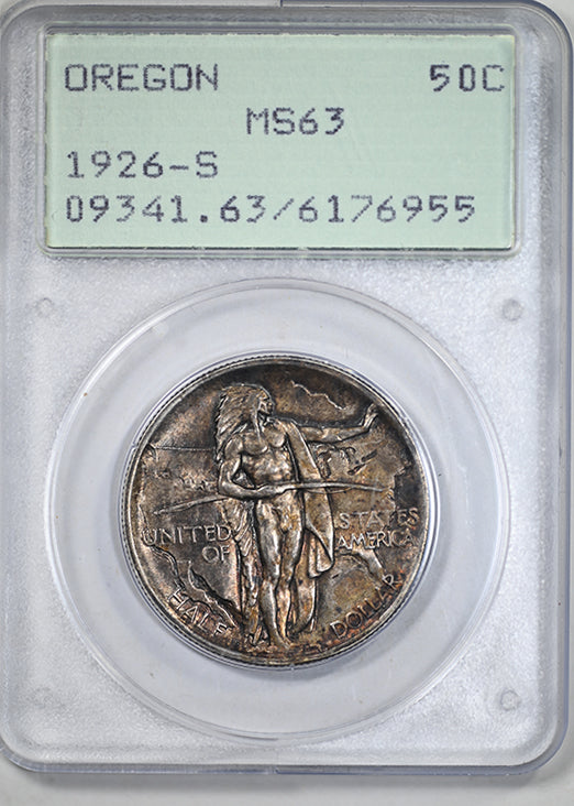 1926-S Oregon Trail Classic Commemorative Half Dollar 50C PCGS Rattler MS63 - TONED!