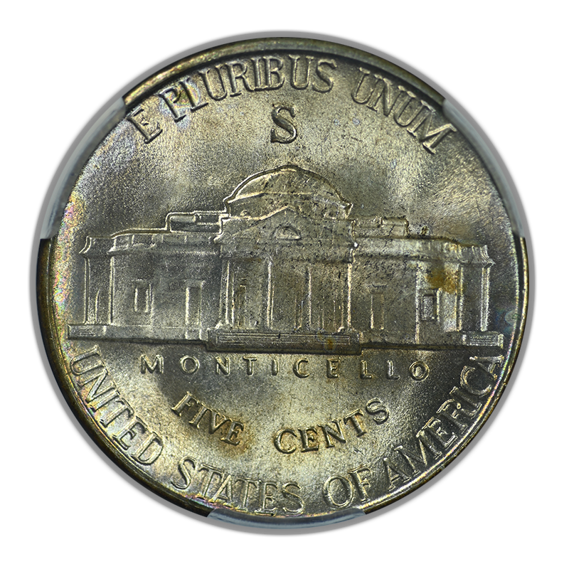 1943-S Silver Jefferson War Nickel 5C CAC MS66+ - TONED!