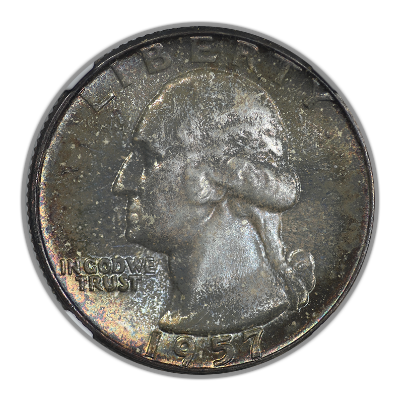1957 Washington Quarter 25C NGC MS67+ CAC - TONED! Obverse