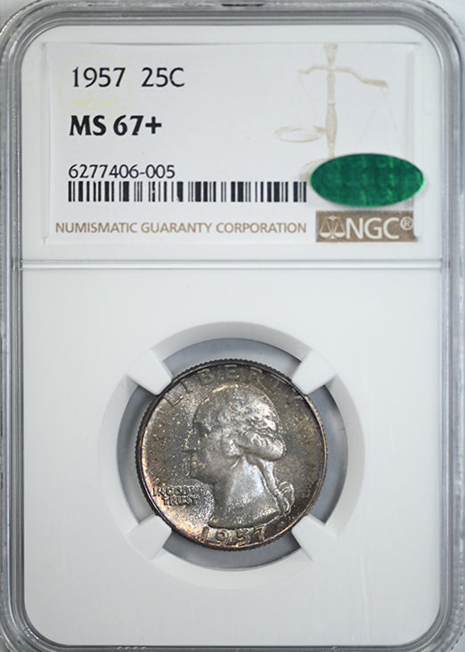 1957 Washington Quarter 25C NGC MS67+ CAC - TONED! Obverse Slab