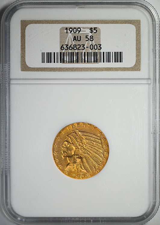 1909 Indian Head Gold Half Eagle $5 NGC AU58