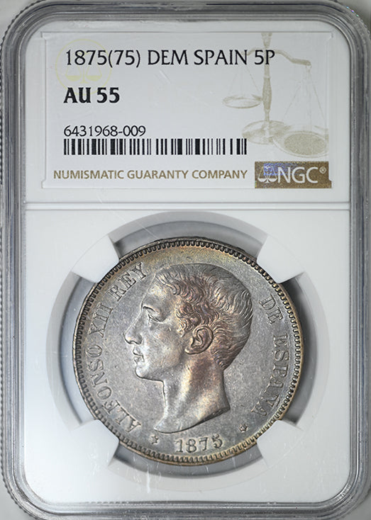 1875(75) DEM Spain 5P Pesetas NGC AU55 - TONED!
