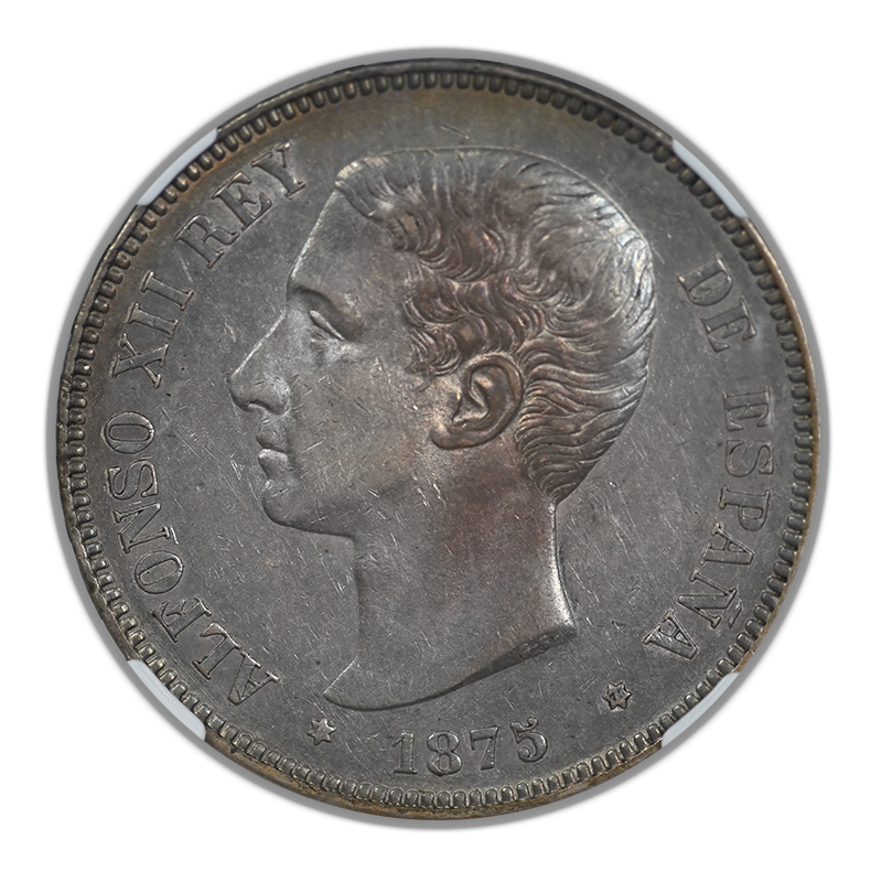 1875(75) DEM Spain 5P Pesetas NGC AU55 - TONED!