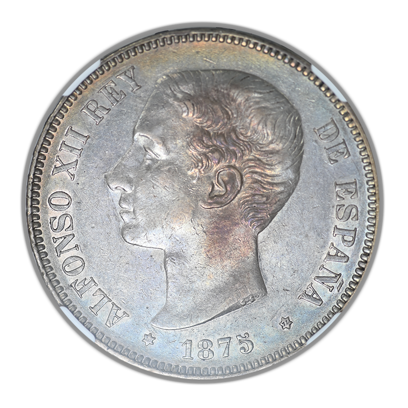 1875(75) DEM Spain 5P Pesetas NGC AU55 - TONED!