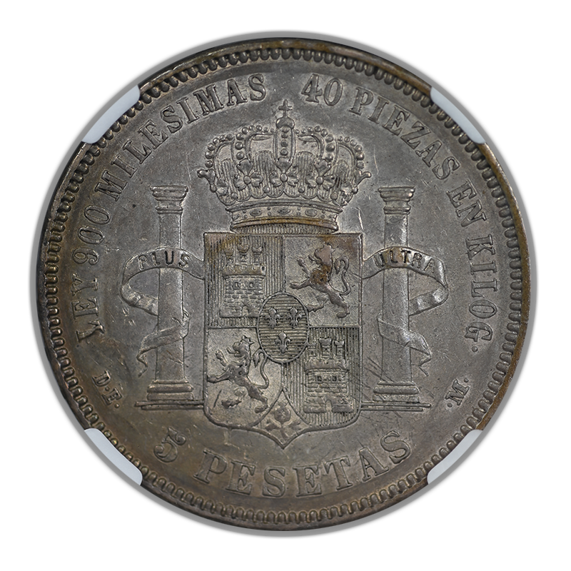 1875(75) DEM Spain 5P Pesetas NGC AU55 - TONED!