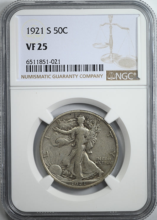 1921-S Walking Liberty Half Dollar 50C NGC VF25 Obverse Slab