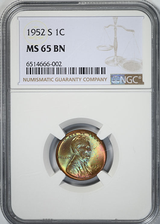 1952-S Lincoln Wheat Cent 1C NGC MS65BN - AWESOME TONING! Obverse Slab