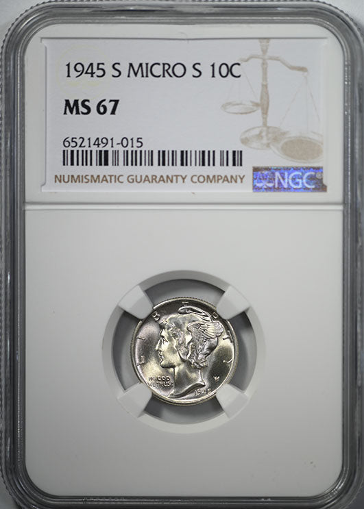 1945-S Micro S Mercury Dime 10C NGC MS67 Obverse Slab