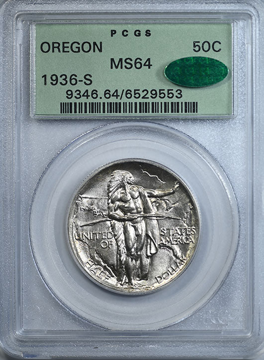 1936-S Oregon Trail Classic Commemorative Half Dollar PCGS MS64 CAC OGH Obverse Slab