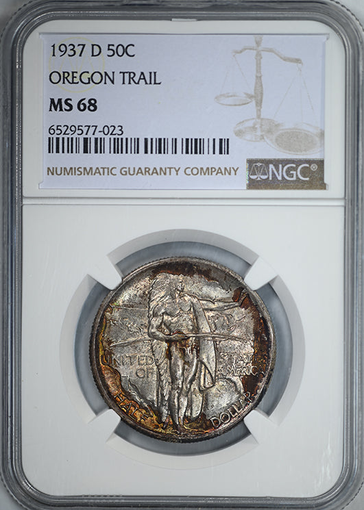 1937-D Oregon Trail Classic Commemorative Half Dollar 50C NGC MS68 - TAB TONED!