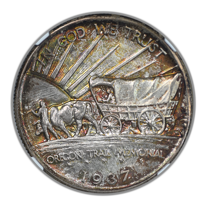 1937-D Oregon Trail Classic Commemorative Half Dollar 50C NGC MS68 - TAB TONED!