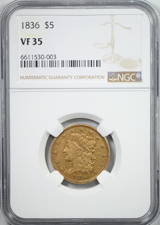 1836 Classic Head Gold Half Eagle $5 NGC VF35