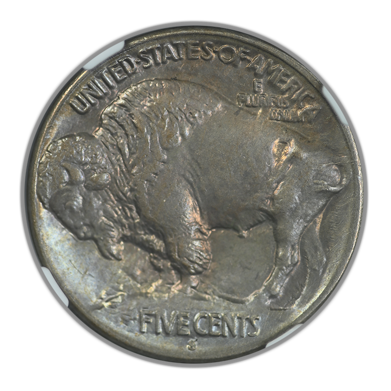 1913-S Type 1 Buffalo Nickel 5C NGC MS65 - TONED! Reverse