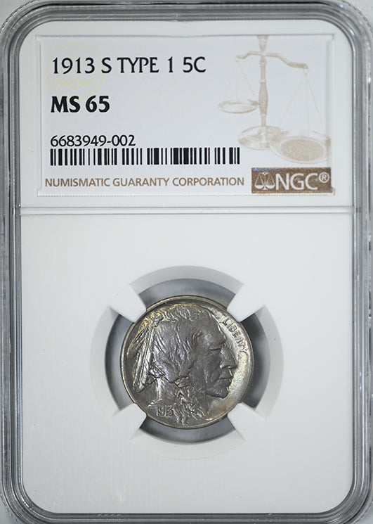 1913-S Type 1 Buffalo Nickel 5C NGC MS65 - TONED! Obverse Slab