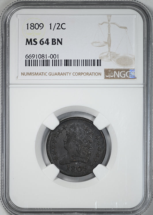 1809 Classic Head Half Cent 1/2C NGC MS64BN