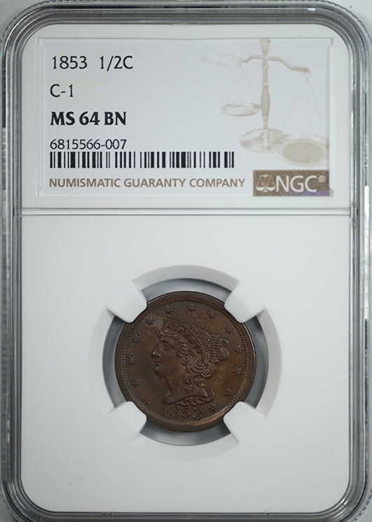 1853 Braided Hair Half Cent 1/2C NGC MS64BN C-1 Obverse Slab