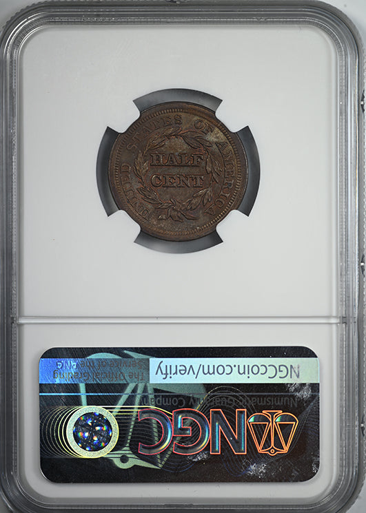 1853 Braided Hair Half Cent 1/2C NGC MS64BN C-1 Reverse Slab