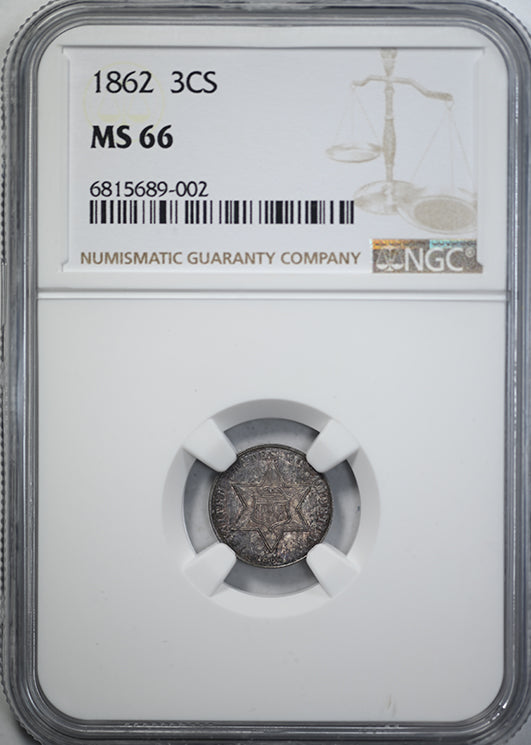 1862 Silver Three Cent Piece 3CS NGC MS66 Obverse Slab