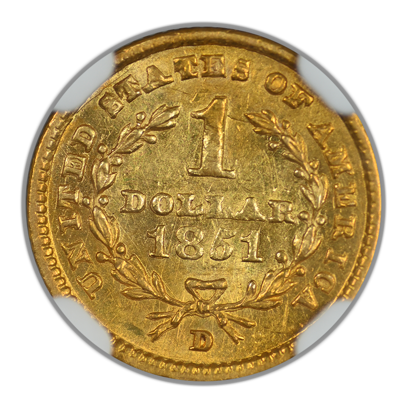 1851-D Type 1 Liberty Head Gold Dollar G$1 NGC MS62 - DAHLONEGA GOLD!