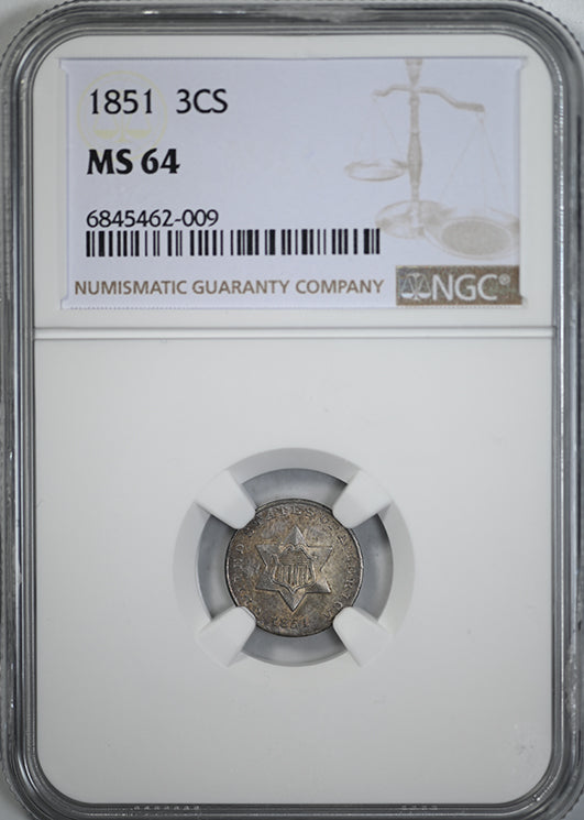 1851 Three Cent Silver Piece 3CS NGC MS64 Obverse Slab