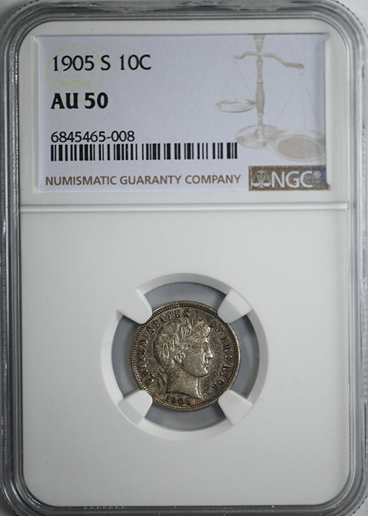 1905-S Barber Dime 10C NGC AU50 Obverse Slab