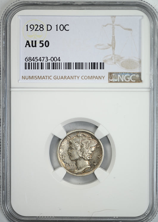 1928-D Mercury Dime 10C NGC AU50 Obverse Slab