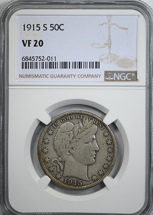 1915-S Barber Half Dollar 50C NGC VF20 Obverse Slab