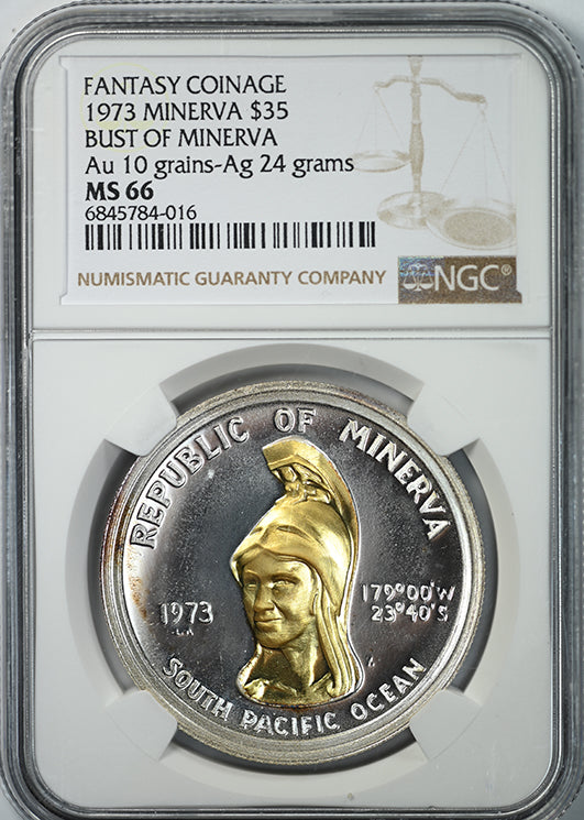1973 Minerva $35 Fantasy Coinage Bust of Minerva NGC MS66 Obverse Slab