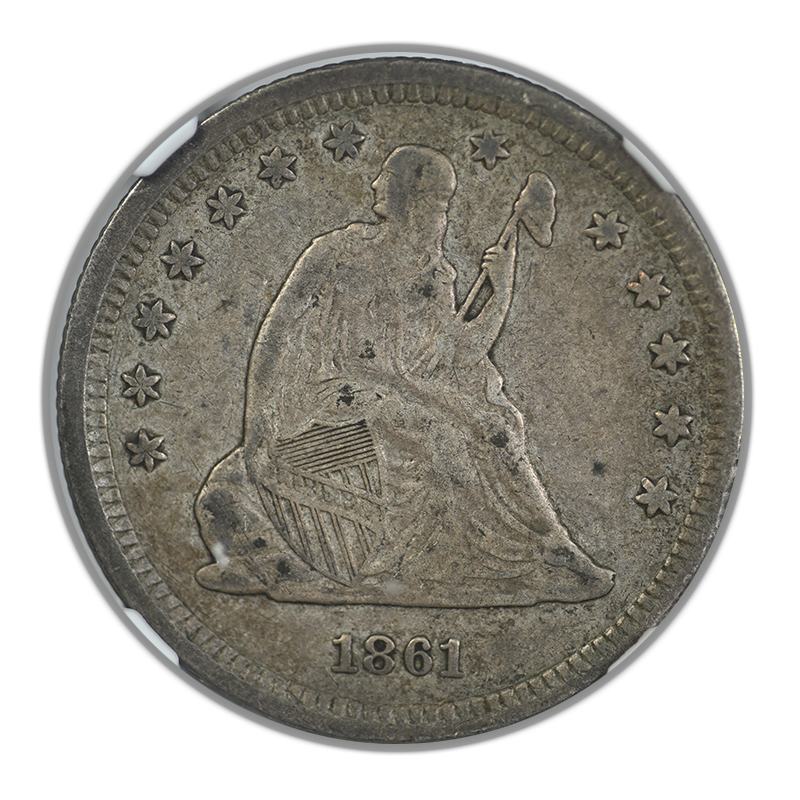 1861 Liberty Seated Quarter 25C NGC VF35 Obverse