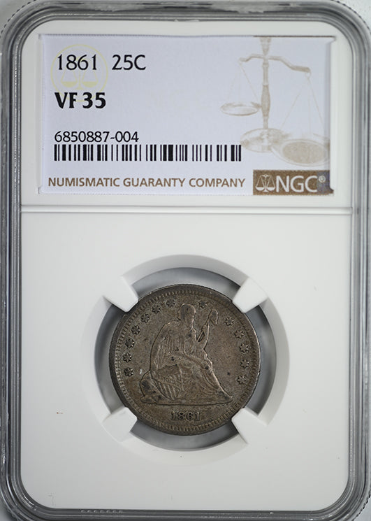 1861 Liberty Seated Quarter 25C NGC VF35 Obverse Slab