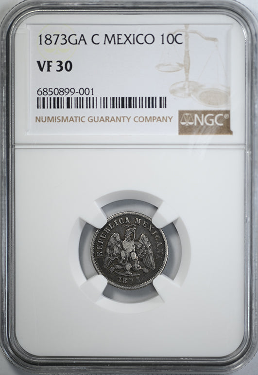 1873GA C Mexico 10C Centavos NGC VF30 Obverse Slab