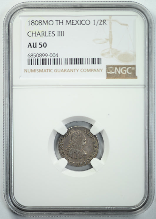 1808MO TH Mexico 1/2R Charles IIII NGC AU50 Obverse Slab