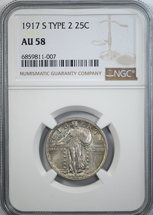 1917-S Type 2 Standing Liberty Quarter 25C NGC AU58 Obverse Slab