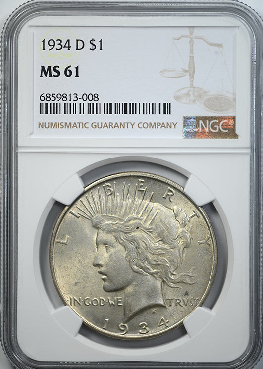 1934-D Peace Dollar $1 NGC MS61 Obverse Slab