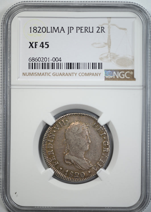 1820Lima JP Peru 2 Reales 2R NGC XF45 Obverse Slab