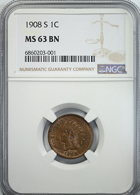 1908-S Indian Head Cent 1C NGC MS63BN Obverse Slab