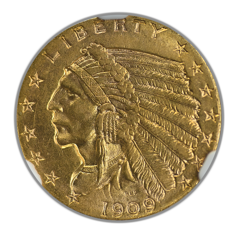 1909 Indian Head Gold Quarter Eagle $2.50 NGC MS62 Obverse